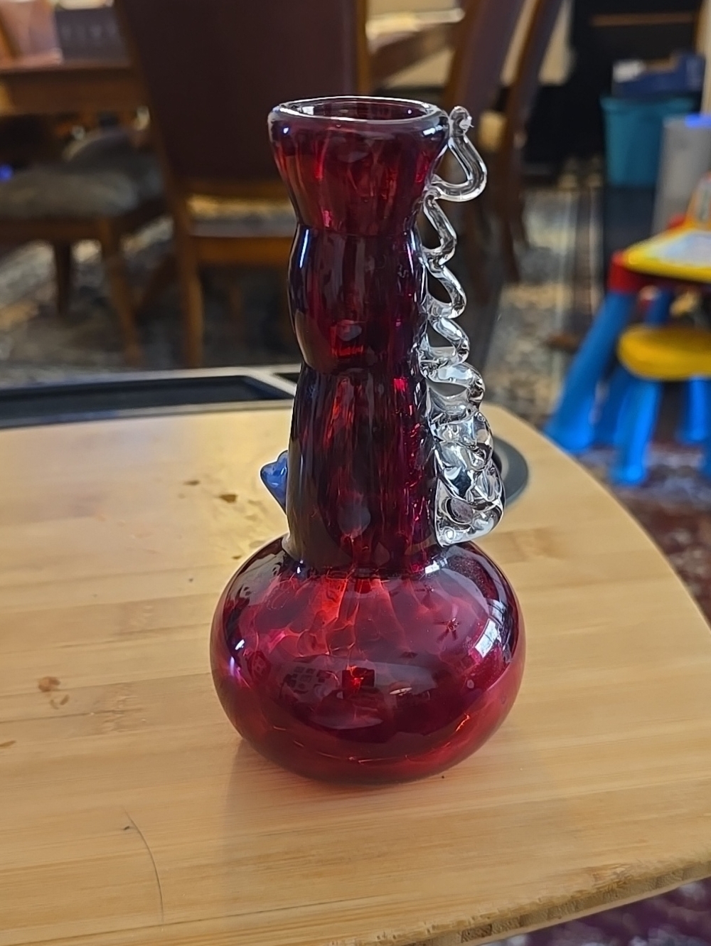 Handblown Ruby Red Glass Vase with Clear Spiral Accent - Garcia Art Glass 799